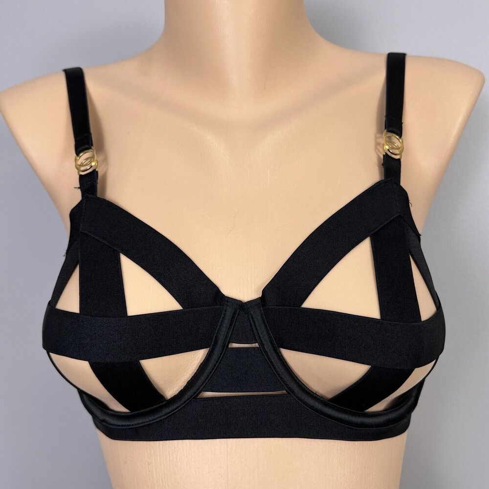 32D Victoria's Secret Luxe Banded Caged Strappy Unlined Balconet Bra Black Cage